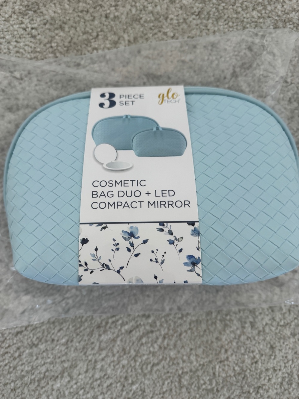 Glo Tech 3-Piece Cosmetic Bag Duo + LED Compact Mirror, Light Blue - NWT